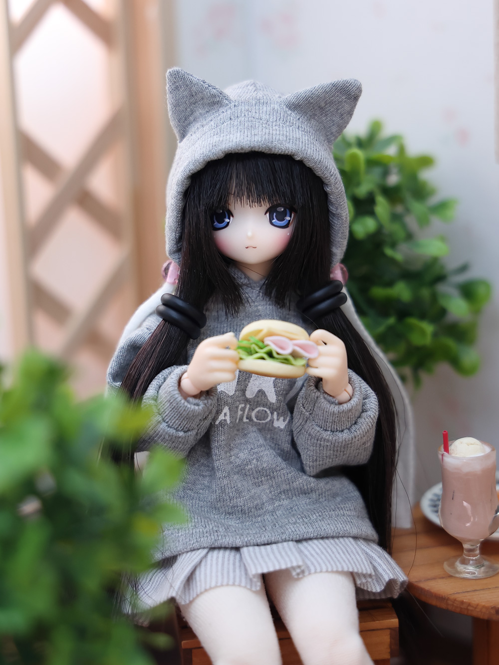 ALGONQUINS スカルプリント 猫耳ワンピパーカー 黒×ピンク 色谷あすかさんコラボグッズ オリジナル猫耳フードのバイカラー